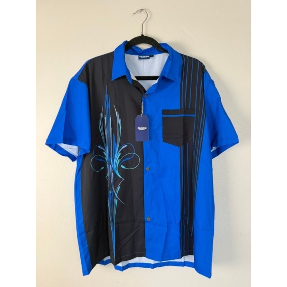 Eleven Oasis Mens  Blue Black Colorblock Pinstripe Bowling Button Down Shirt